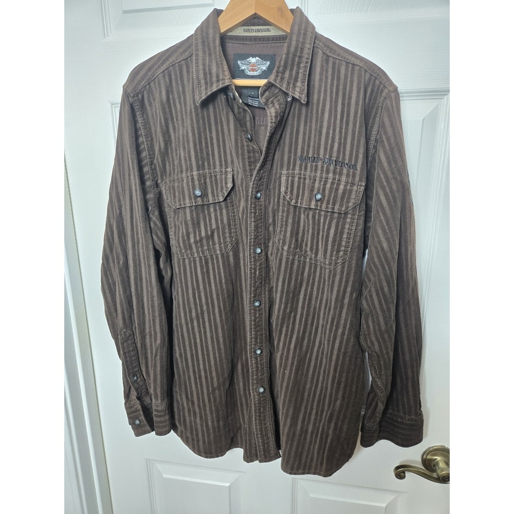Harley Davidson Men Brown Corduroy Stripe Button Up Shirt Large Embroidered Logo